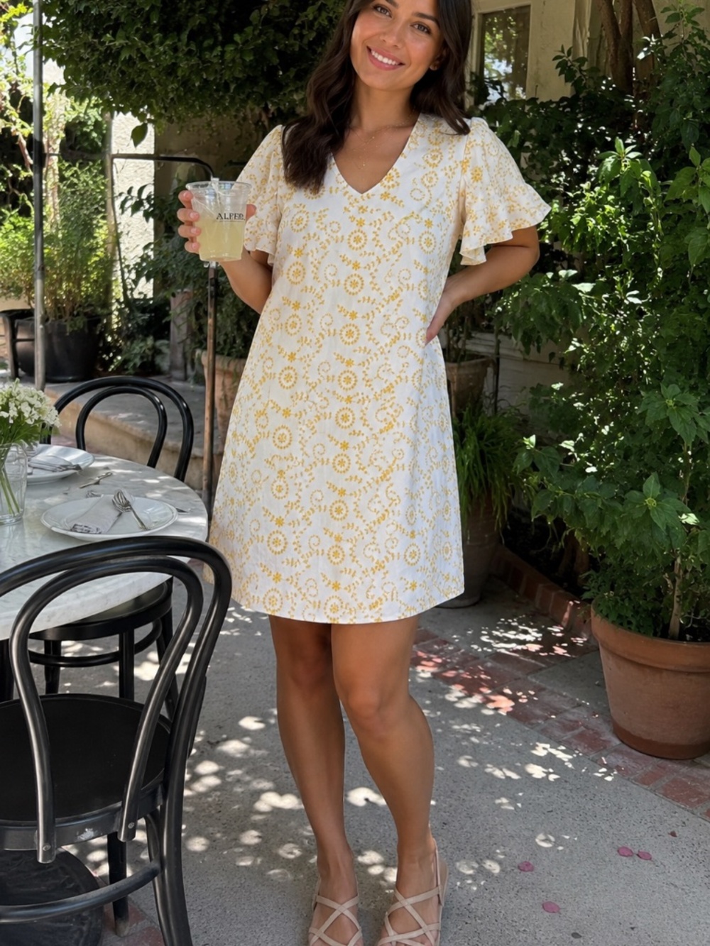 Isaac Mizrahi Cotton Eyelet Embroidered Yellow with Flutter Sleeves Fully Lined